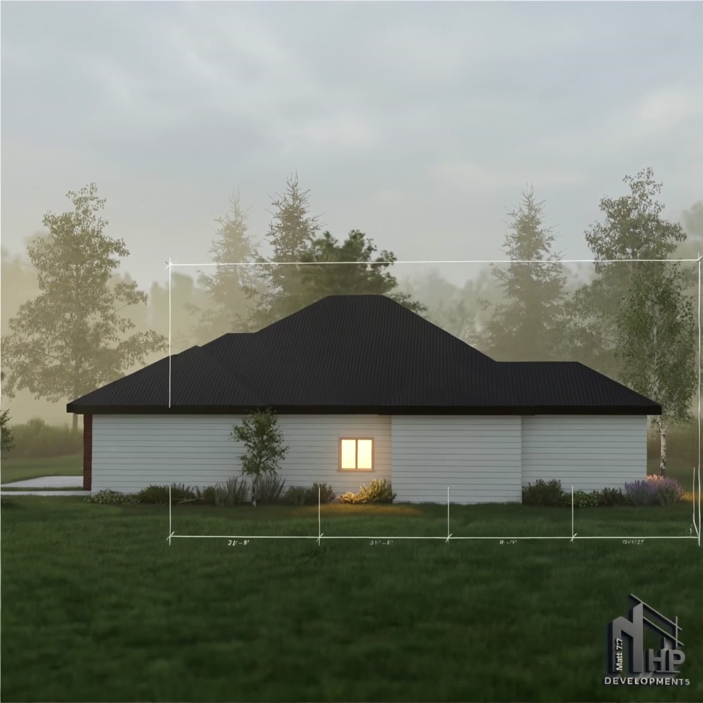 Side elevation on the wooded lot